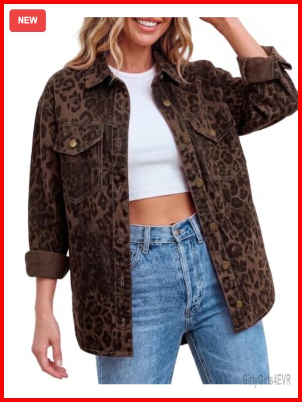 Oversized Cheetah Print Denim Jacket Cotton Button Down Shacket